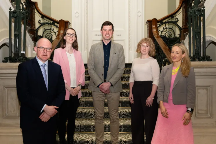 eft-Right: Colm O’Reardon, Secretary General, Department of Further and Higher Education, Research, Innovation and Science; Dr Jennifer Gaughran, DCU, Co-lead PUreTex Team; Dr Niall Maloney, ATU, Lead of the NanoSA Team; Dr Susan Kelleher, DCU, Lead of the PUreTex team; and Dr Ruth Freeman, Director of Research for Society, Research Ireland. Photo: Johnny Mallin