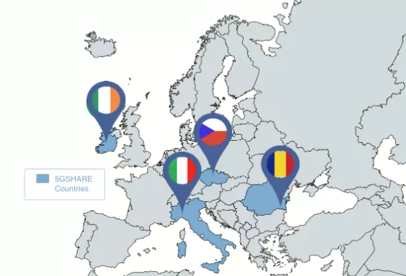 Map of Europe with selected countries shaded in blue and marked by location pins showing national flags, including Ireland, Italy, the Czech Republic and Romania; a legend reads “5GSHARE Countries”.