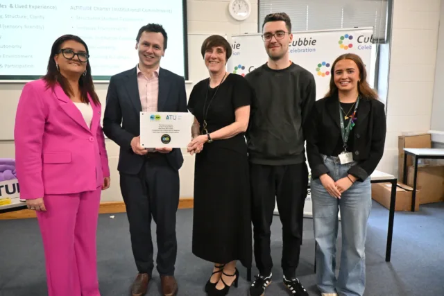 L-R:  Debbie Molloy, Student Services Manager – Disability and Learning Support Services, ATU, Adam Harris, CEO of AsIam, Michele Glacken, Vice President of Students, Teaching and Learning, ATU, Joseph Sweeney, ATU Donegal Students' Union President and Claire Mc Caul, VP for Education/Communications Officer, ATU Donegal Students' Union, with the Autism Friendly Campus plaque. 