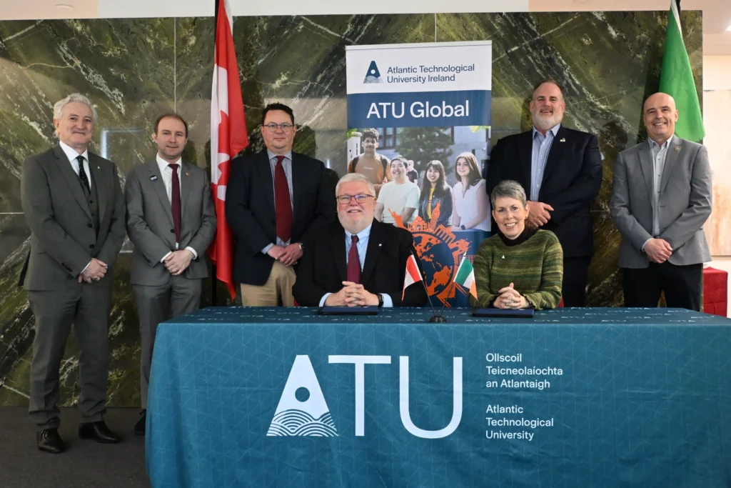 Back row (L–R): John Andy Bonar, VP, ATU Global; John Joe O’Farrell, Director of International Engagement, ATU; Glenn Shepherd, Director of Government & Public Affairs, SAIT; Professor Graham Heaslip, Dean of Faculty of Engineering and Computing, ATU; Patrick Lynch, Director of Global Engagement, ATU. Front row (L–R): Dr David Ross, President & CEO of SAIT, and Dr Orla Flynn, President of ATU.