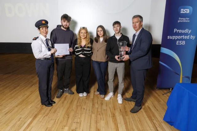 ATU students Fionn Kelly, Lorcan O’Grady, Pamela Welby and Rebecca Kerin with Assistant Garda Commissioner Catharina Gunne and Paul Stapleton, Executive Director of ESB.