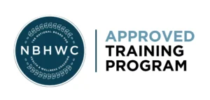 Circular logo for the National Board for Health & Wellness Coaching (NBHWC) with surrounding leaf icons, alongside the text “APPROVED TRAINING PROGRAM”.