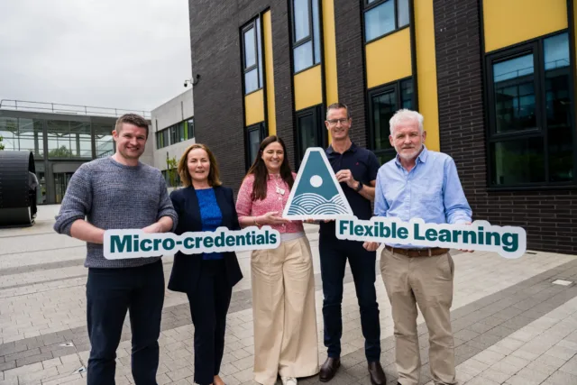 Steven O’Donnell ATU Springboard Coordinator, Tricia Fitzpatrick ATU Online Student Advisor, Head of Business Development, Online, Flexible & Professional Development, Louis Walsh ATU Springboard Coordinator and Peter Butler ATU Springboard Coordinator - welcome the news of the Micro-credential Fees Subsidy Initiative. Photo by Conor Doherty. 
