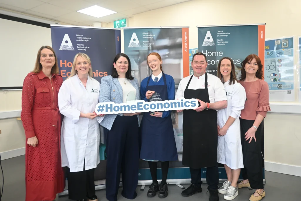 Dr Elaine Mooney, Director of National Centre of Excellence for Home Economics, ATU St Angelas, Dr Amanda McCloat, Head of Department of Education Sciences & Head of St Angela's Campus, Teacher, Aisling Loughlin, Junior Gold winner 2026, Confey Community College, River Forest, Confey, Leixlip, Kildare, Chef Neven Maguire, Dr Helen Maguire, Head of Department of Home Economics, ATU St Angelas, and Dr Eileen Kelly Blakeney, Lecturer Department of Home Economics,  ATU St Angelas. 