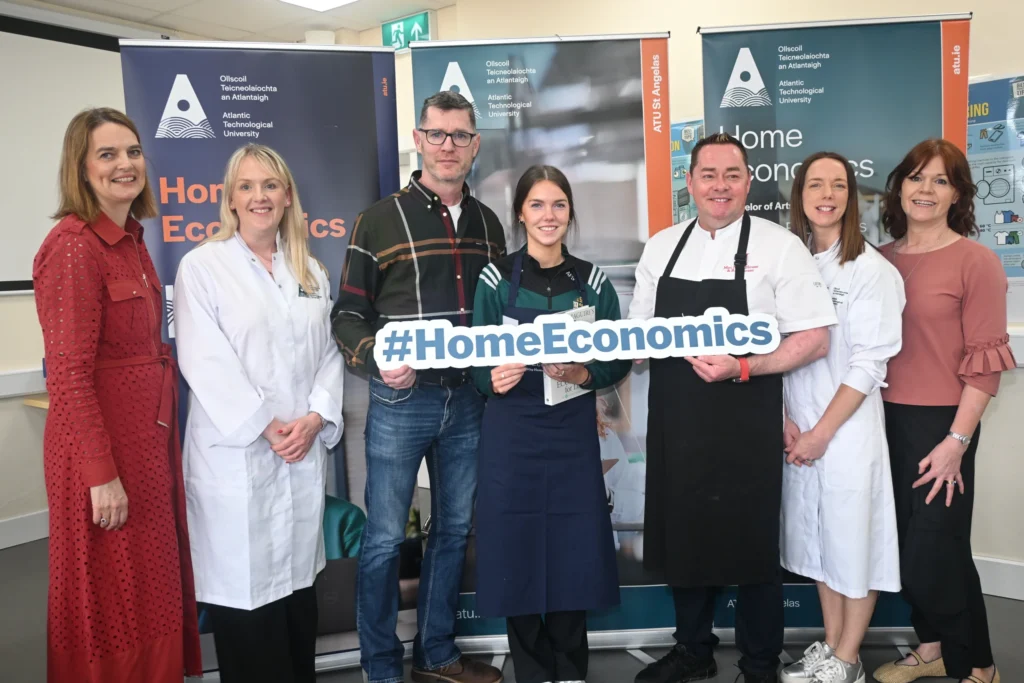 Dr Elaine Mooney, Director of National Centre of Excellence for Home Economics, ATU St Angelas, Dr Amanda McCloat, Head of Department of Education Sciences & Head of St Angela's Campus, Parent, Alexandra Farrell Sparling, Junior Bronze winner 2026, Scoil Mhuire and Ide, Newcastle west, Co. Limerick, Chef Neven Maguire, Dr Helen Maguire, Head of Department of Home Economics, ATU St Angelas, and Dr Eileen Kelly Blakeney, Lecturer Department of Home Economics, ATU St Angelas. 