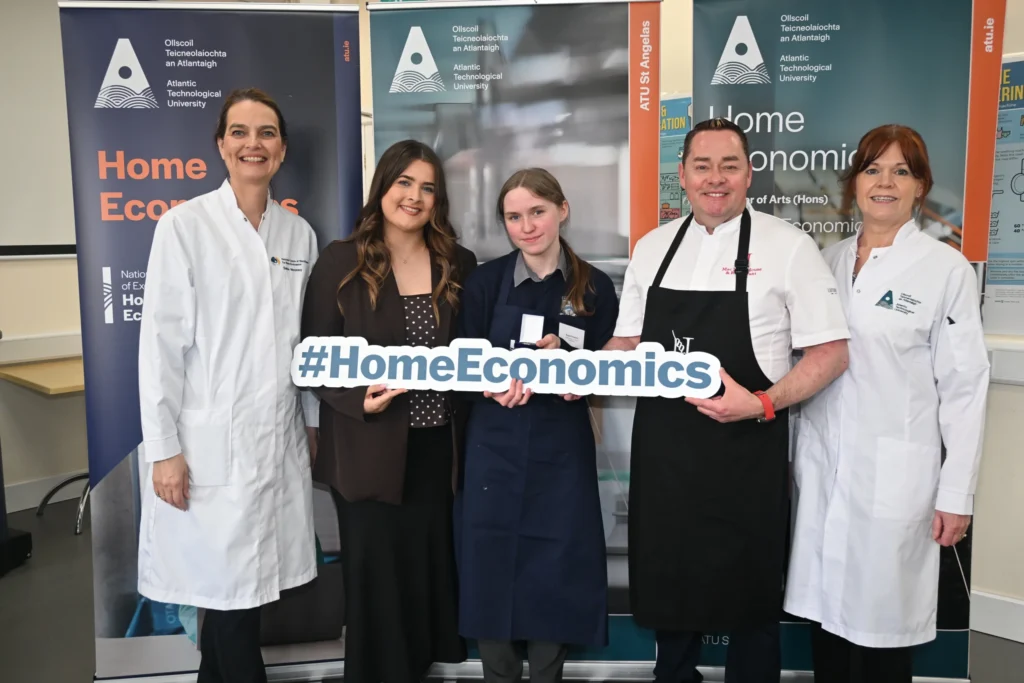 Dr Elaine Mooney, Director of National Centre of Excellence for Home Economics, ATU St Angelas, Teacher, Anne Neeson, Senior Bronze winner 2026, Deele College, Meetinghouse St., Raphoe, Co. Donegal, Chef Neven Maguire, and Dr Eileen Kelly Blakeney, Lecturer Department of Home Economics, ATU St Angelas.