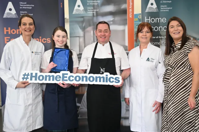 Dr Elaine Mooney, Director of National Centre of Excellence for Home Economics, ATU St Angelas, Dr Amanda McCloat, Head of Department of Education Sciences & Head of St Angela's Campus, Teacher, Aisling Loughlin, Junior Gold winner 2026, Confey Community College, River Forest, Confey, Leixlip, Kildare, Chef Neven Maguire, Dr Helen Maguire, Head of Department of Home Economics, ATU St Angelas, and Dr Eileen Kelly Blakeney, Lecturer Department of Home Economics, ATU St Angelas.