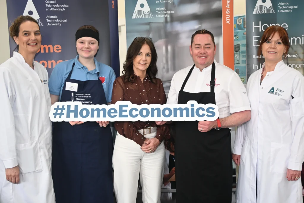 Dr Elaine Mooney, Director of National Centre of Excellence for Home Economics, ATU St Angelas, Maeve McCready, Senior Silver winner 2026, St Columba's Comprehensive, Gortnamucklagh, Glenties, Donegal, Teacher, chef Neven Maguire, and Dr Eileen Kelly Blakeney, Lecturer Department of Home Economics, ATU St Angelas.  
