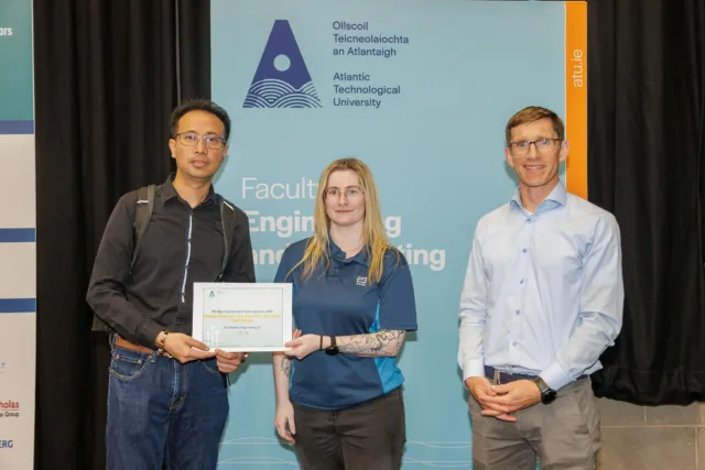 Ko Oo, pictured with the Abbott Diabetes Care representative and Dr Trevor McSharry, Head of School of Built Environment at ATU, received the Award for Best Final Year Project in Mechatronic Engineering.