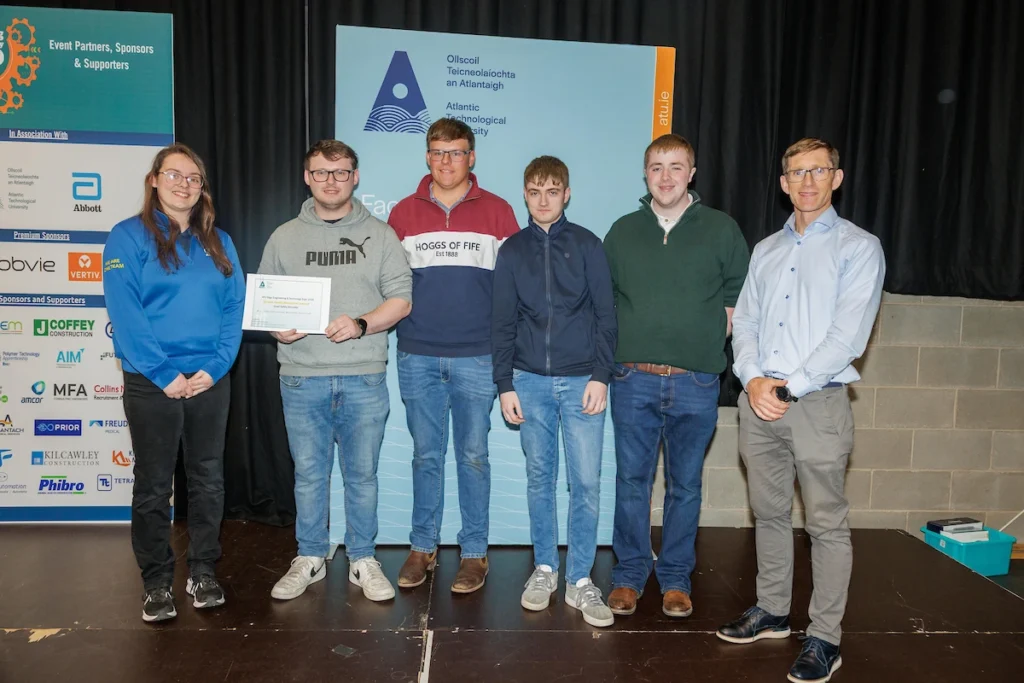 Brian Clark, Keith Kennedy, Billy Holmes and David Coyle were awarded the Ronan Healy Memorial Award for their Quad Safety Simulator project. Pictured with the Abbott Diabetes Care representative and Dr Trevor McSharry, Head of School of Built Environment at ATU.