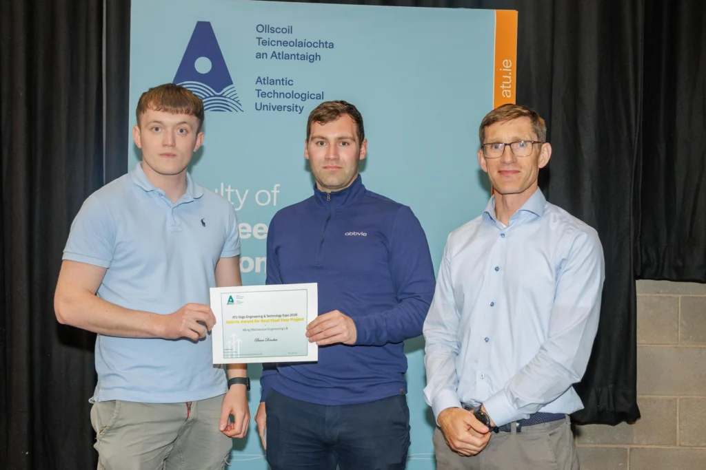 Brian Donohue, pictured with the Abbvie representative and Dr Trevor McSharry, Head of School of Built Environment at ATU, received the AbbVie-sponsored award for Best Final Year Project in Mechanical Engineering (Level 8).