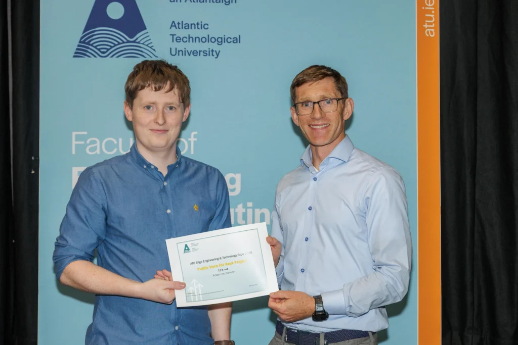 Adam McTiernan, pictured with Dr Trevor McSharry, Head of School of Built Environment at ATU, was recognised in the Robotics and Automation category (Level 8), sponsored by Phillips-Medisize, and also received the Public Vote award.