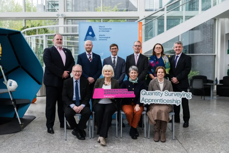 Seated (L-R): Frank Feighan TD, Minister of State at the Department of Public Expenditure, Infrastructure, Public Service Reform and Digitalisation, Marian Harkin TD, Minister of State at the Department of Further and Higher Education, Research, Innovation and Science, Dr Orla Flynn, ATU President, Dr Ruth Quinn, Head of Civil Engineering and Construction Studies ATU. Standing (L-R): Prof Graham Heaslip, ATU Dean of Faculty of Engineering & Computing, Colin Birney, QS Programme Chair at ATU. Dr Trevor McSharry, ATU Head of School of Built Environment, James Lonergan, Director of Education & CPD at the Society of Chartered Surveyors Ireland (SCSI), Emma Britton, ATU Director of Civil Engineering Apprenticeship, Dr Billy Bennett, ATU Registrar and Chief Academic Officer.