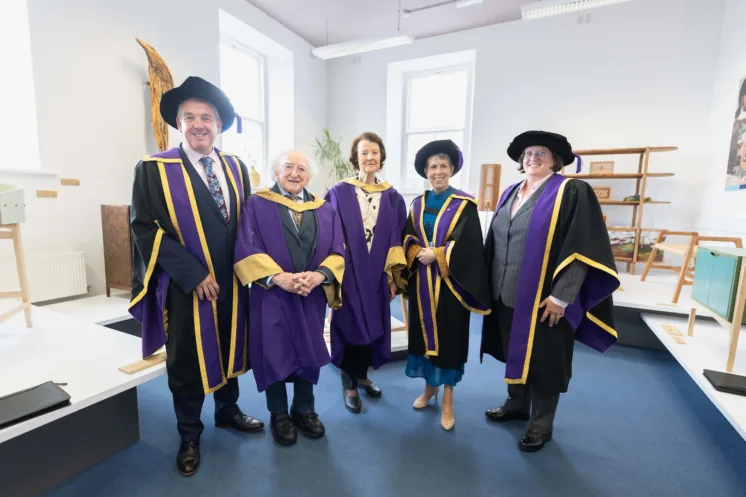 L-R: Dr Billy Bennett, ATU Registrar and Chief Academic Officer, Michael D Higgins, Former President of Ireland, Mary V. Mullin, Founder member of the Crafts Council of Ireland, Dr Orla Flynn, ATU President and Maura McNally S.C., Chair of Governing Body.