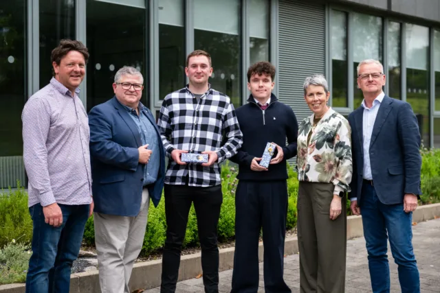 Robert Craig, Lecturer in Engineering, ATU; Dr Xavier Velay, Head of Department of Electronic, Software and Adv. Manufacturing Engineering, ATU; Bryan McAleenan, Prize Winner; Ben Clarke, Prize Winner; Dr Orla Flynn, President ATU; Dr Ciarán Ó hAnnracháin, ATUs WTUN Board Member