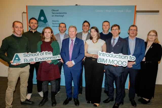 Paul Walsh, Karol Dempsey, Dr Ellen McCabe, Dr David Collery, Minister Seán Canney, Dara Burke, Stacey O’Sullivan, Mark Costello, Dr Trevor McSharry, Dr Seán Duigan, and Prof Jacqueline McCormack launch the Introduction to BIM MOOC at ATU.