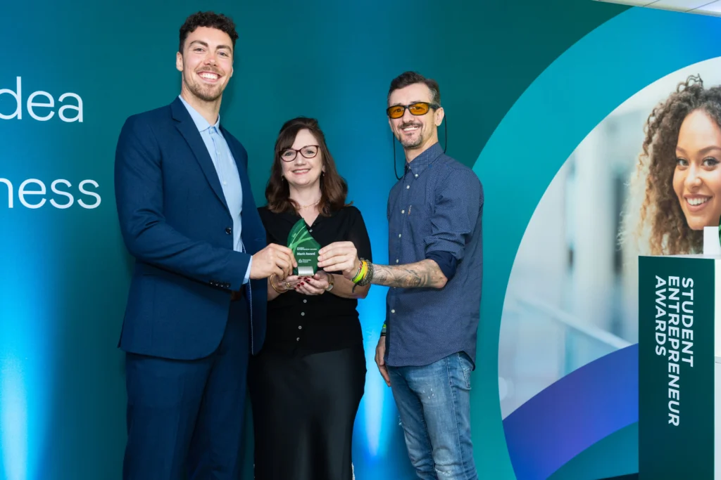 ATU Sligo student team Emanuel Covasa and Luc Dober awarded the Merit award by Terri Smith, Enterprise Ireland