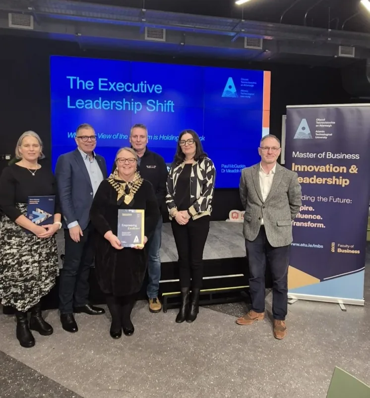 Photo caption: Pictured (left to right) at the Executive Leadership Event held at The Porterhouse, Galway, in November 2025 are: Dr. Meadbh Ruane, Lecturer, Atlantic Technological University (ATU) Donegal; Mr. Paul McGuckin, Lecturer, ATU Donegal; Ms. Cait Noone, Head of School, ATU Galway, and President of Galway Chamber of Commerce; Ms. Patricia Doherty, Head of Department of Business Studies, ATU Donegal; and Mr. Michael Margey, Head of School of Business, ATU Donegal.