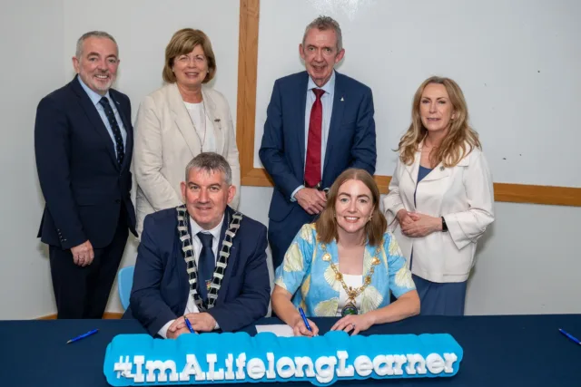 Photo caption: Pictured (back row, left to right) are Professor Paul Seawright, Deputy Vice-Chancellor, Ulster University; Dr Catherine O'Mullan, Director of Curriculum and Academic Standards, North West Regional College (NWRC); Paul Hannigan, Vice President for Cross Border Engagement and Head of College, Atlantic Technological University (ATU) Donegal; and Anne McHugh, Chief Executive, Donegal ETB; with (front row, left to right) Cathaoirleach of Donegal County Council, Cllr Paul Canning, and Grace Uí Niallais, Mayor of Derry City and Strabane District Council.