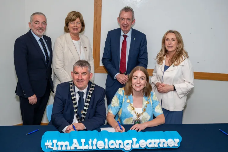 Photo caption: Pictured (back row, left to right) are Professor Paul Seawright, Deputy Vice-Chancellor, Ulster University; Dr Catherine O'Mullan, Director of Curriculum and Academic Standards, North West Regional College (NWRC); Paul Hannigan, Vice President for Cross Border Engagement and Head of College, Atlantic Technological University (ATU) Donegal; and Anne McHugh, Chief Executive, Donegal ETB; with (front row, left to right) Cathaoirleach of Donegal County Council, Cllr Paul Canning, and Grace Uí Niallais, Mayor of Derry City and Strabane District Council.