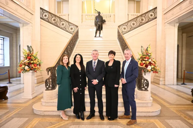 Pictured at Parliament Buildings, Stormont, Belfast, following a briefing to the Northern Ireland Assembly Committee for the Economy on ATU's all-island admissions pilot are (l-r): JoAnne Kilmartin, Senior Development Officer, North South Engagement Centre; Fiona Kelly, Marketing Manager; Dr Billy Bennett, Registrar and Chief Academic Officer; Jacinta Ryan, Admissions Manager and Paul Hannigan, VP with responsibility for Cross Border. The delegation outlined how ATU's innovative admissions framework is helping remove barriers and widen access to higher education for Northern Ireland students.