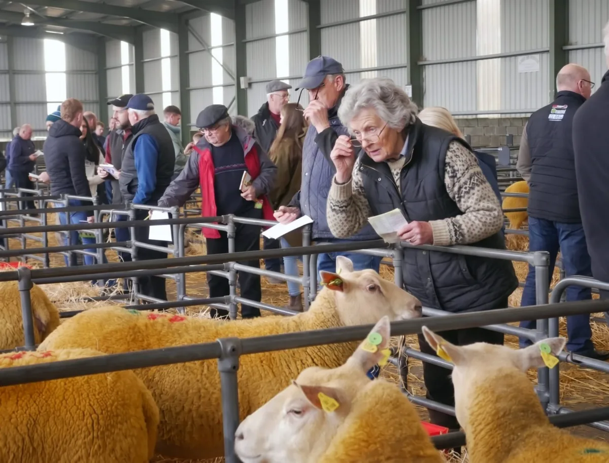 Woman inspecting sheep at mart