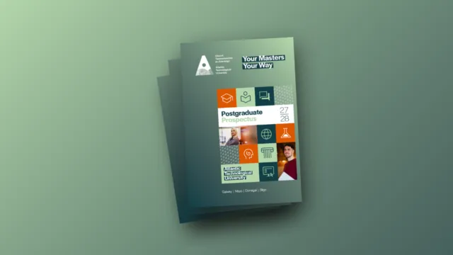 Cover of ATU's Postgraduate Prospectus for 2027, 2028. Cover is green with iconography.