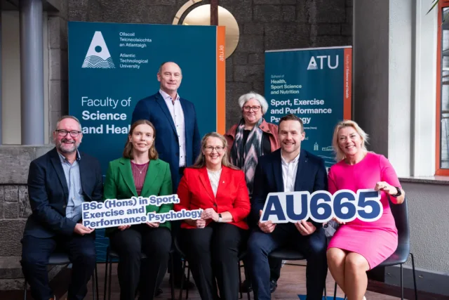 Members of ATU's programme team, seated from L-R:  Dr. Justin Kerr, VP for ATU's Mayo campus and Head of School of Nursing and Healthcare at ATU, Dr Rachel Sheehan, Sport Psychologist of Mayo All-Ireland winning team, Dr Joanne Gallagher, Dean of Faculty of Science and Health at ATU, Andy Moran, All-Ireland winning Mayo Manager and Dr Lisa Ryan, Head of School of Health, Sport Science and Nutrition at ATU.  Standing:   Damien Costello, Head of Department of Sport, Exercise & Nutrition and Dr Christina Larkin, Head of Department Nursing, Health Science & Integrated Care at ATU. 
