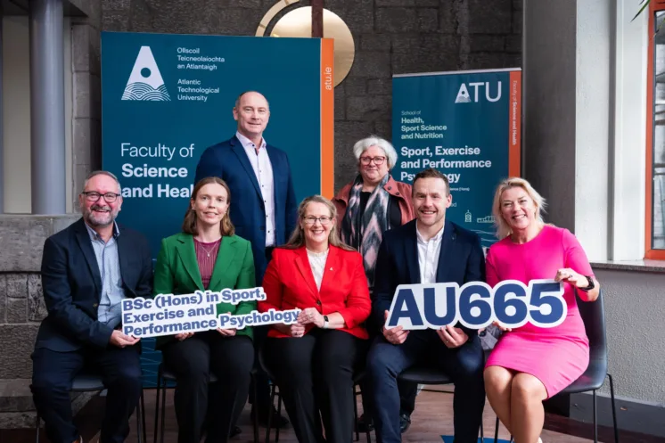 Members of ATU's programme team, seated from L-R:  Dr. Justin Kerr, VP for ATU's Mayo campus and Head of School of Nursing and Healthcare at ATU, Dr Rachel Sheehan, Sport Psychologist of Mayo All-Ireland winning team, Dr Joanne Gallagher, Dean of Faculty of Science and Health at ATU, Andy Moran, All-Ireland winning Mayo Manager and Dr Lisa Ryan, Head of School of Health, Sport Science and Nutrition at ATU.  Standing:   Damien Costello, Head of Department of Sport, Exercise & Nutrition and Dr Christina Larkin, Head of Department Nursing, Health Science & Integrated Care at ATU. 