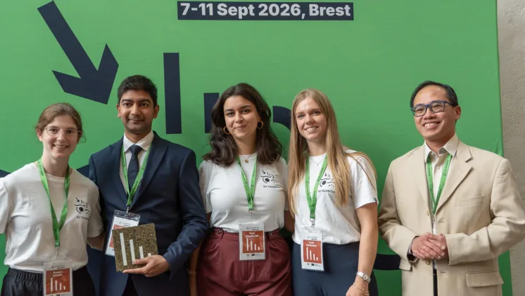 Dr Samar Momin, research assistant in the Department of Building and Civil Engineering at ATU, Galway City Campus, with the Block2City team following their first-prize win in the Climate-Neutral and Smart Cities Mission Arena at EU TalentOn 2026 in Brest, France.