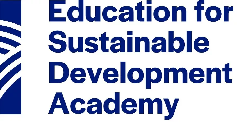 Blue logo featuring a vertical abstract striped graphic on the left and the text “Education for Sustainable Development Academy” in large blue lettering on a white background.