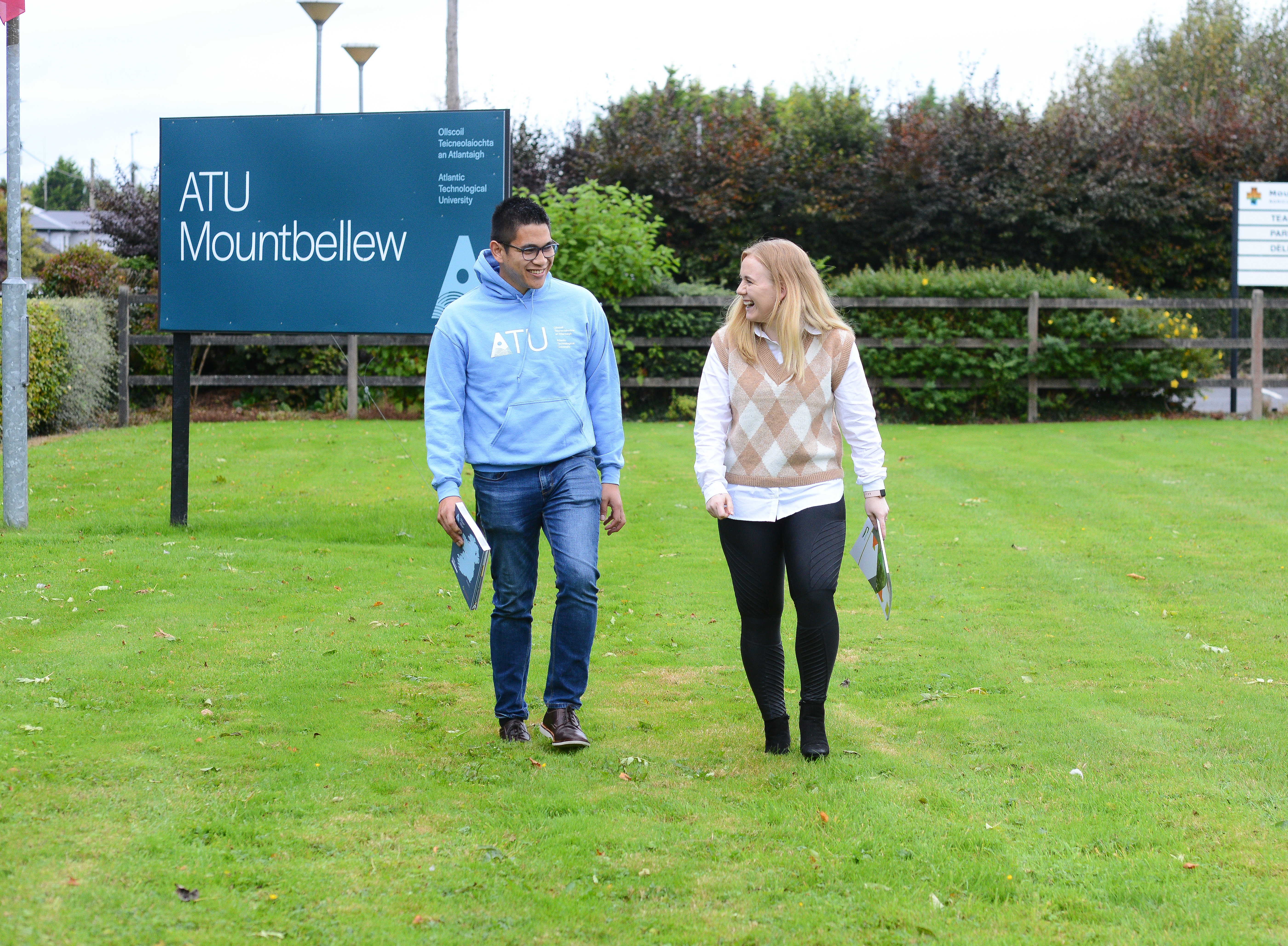 Two students walking outside ATU Mountbellew campus