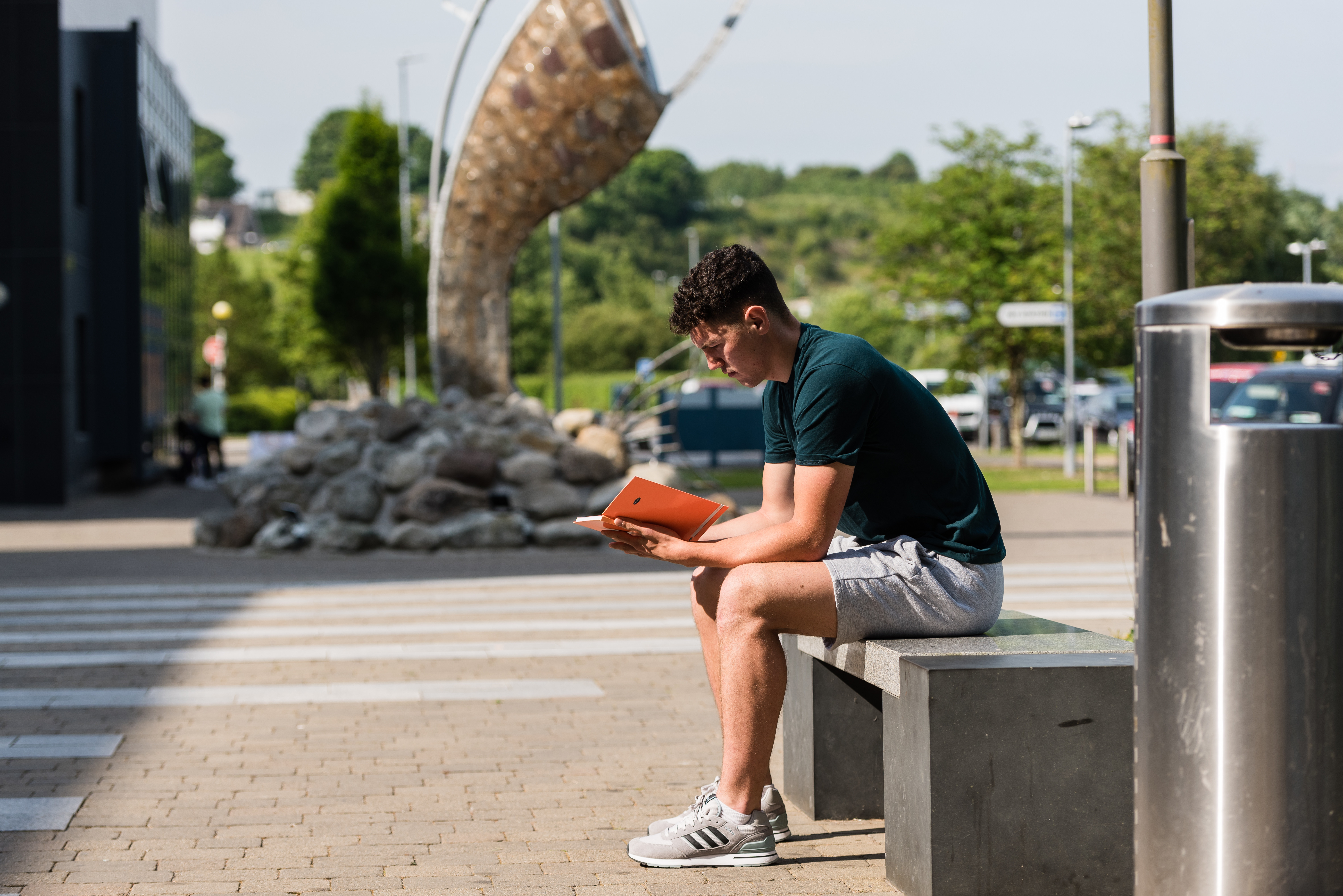 Student sitting outside reading
