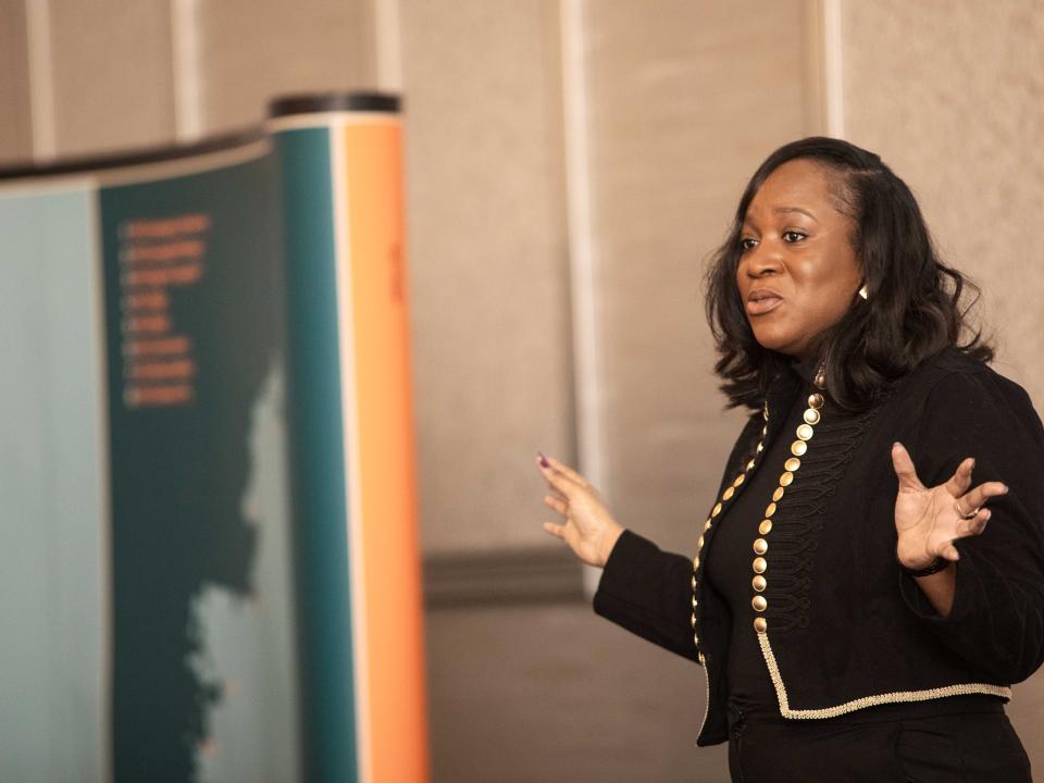  Toju Duke, Founder of Diverse AI and a passionate advocate for Responsible AI, discusses some of the challenges AI brings to society, at the 2023 AICS conference held at ATU Donegal, in Letterkenny. 